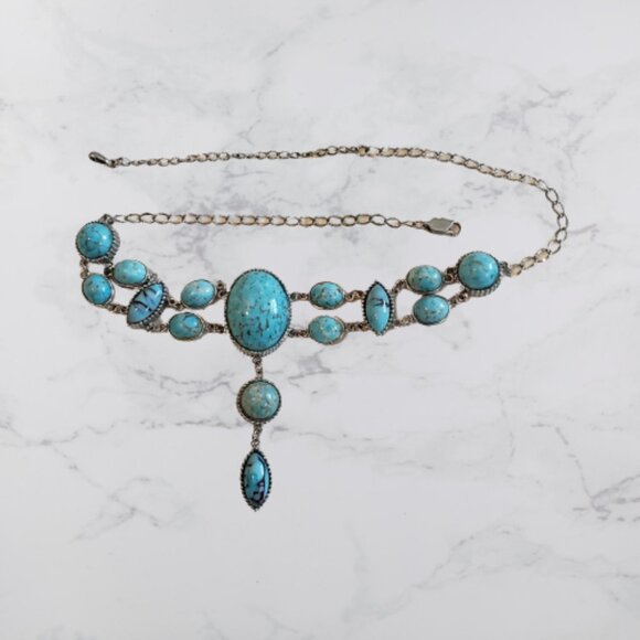 Vintage Blue Turquoise Silver Oval Necklace Adjustable - Picture 3 of 6